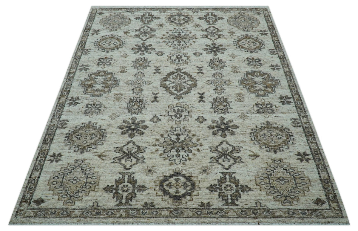 Custom Made Traditional Turkish Design Beige Hand Knotted Natural Wool Area Rug.