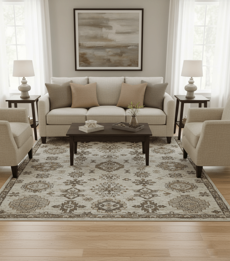 Custom Made Traditional Turkish Design Beige Hand Knotted Natural Wool Area Rug.