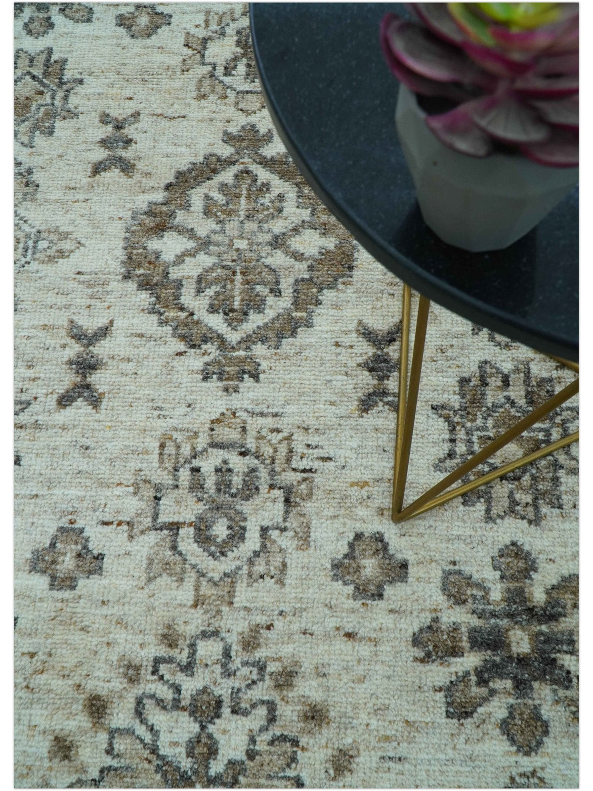 Custom Made Traditional Turkish Design Beige Hand Knotted Natural Wool Area Rug.