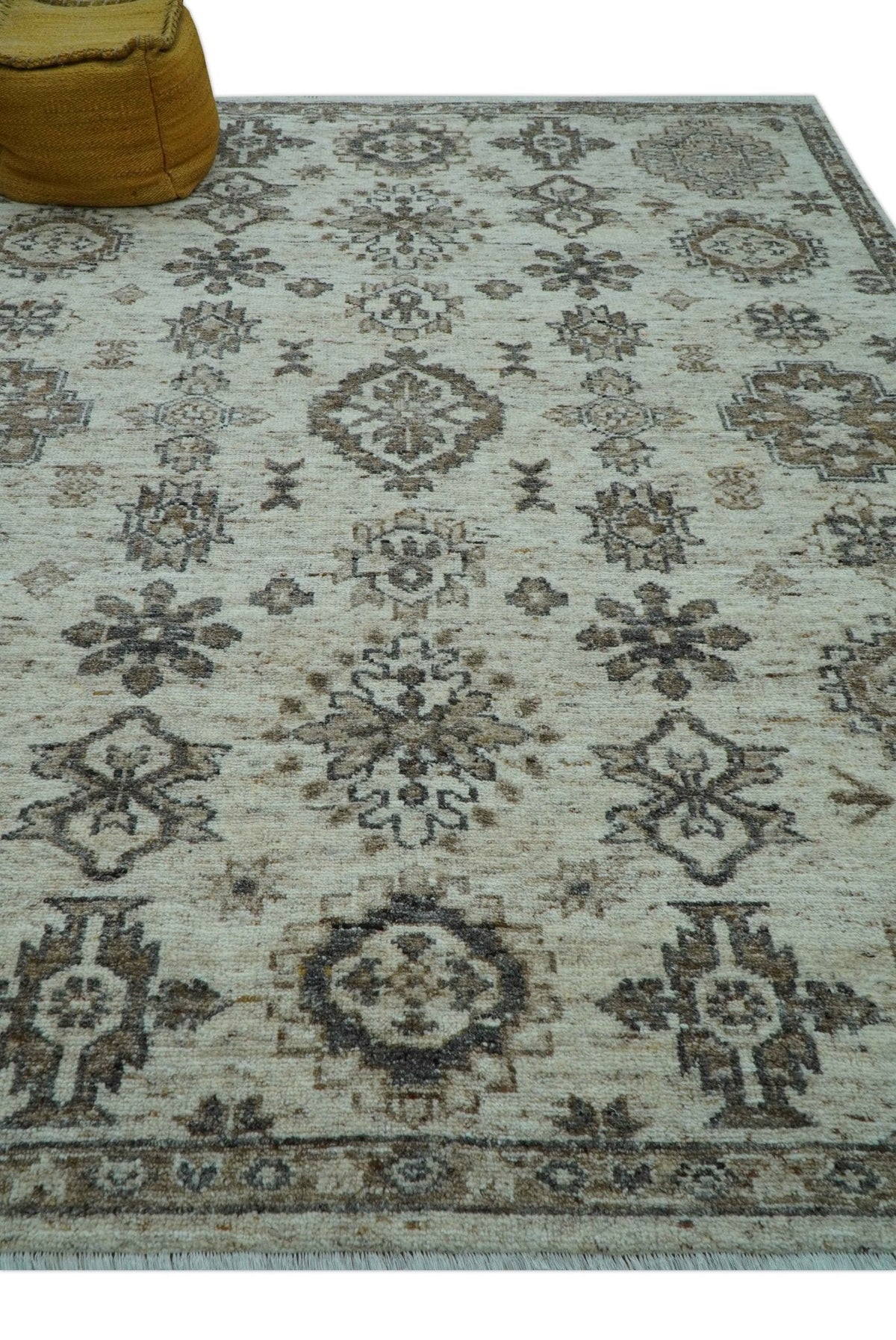 Custom Made Traditional Turkish Design Beige Hand Knotted Natural Wool Area Rug.