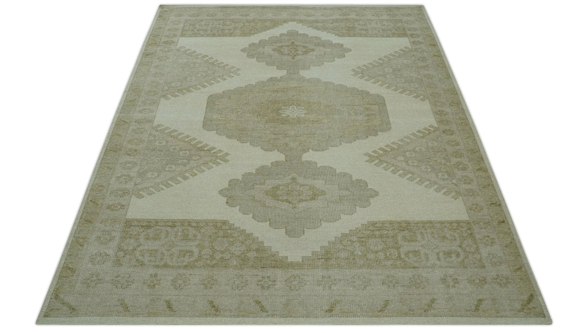 Custom Made Traditional Turkish Design Beige Hand knotted Wool Area Rug.