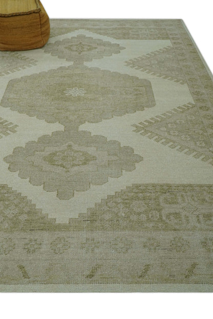 Custom Made Traditional Turkish Design Beige Hand knotted Wool Area Rug.