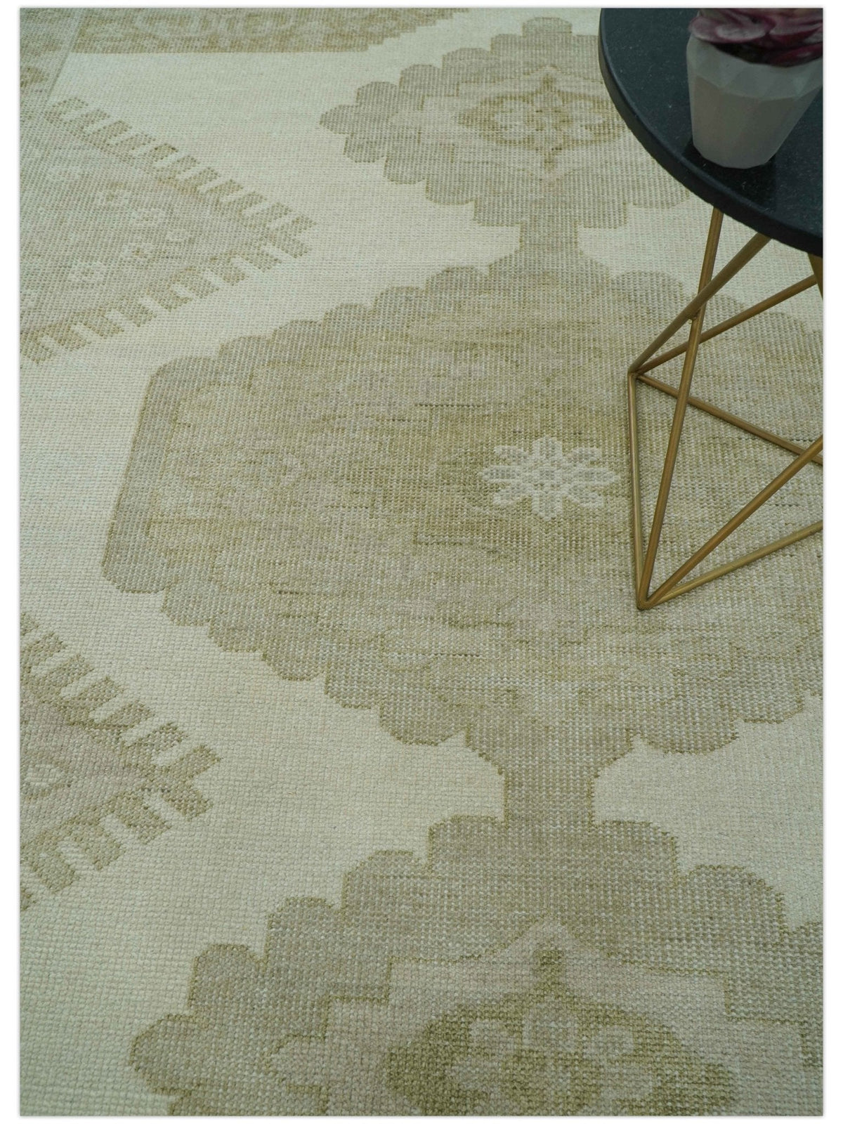 Custom Made Traditional Turkish Design Beige Hand knotted Wool Area Rug.