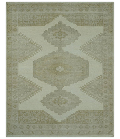 Custom Made Traditional Turkish Design Beige Hand knotted Wool Area Rug.