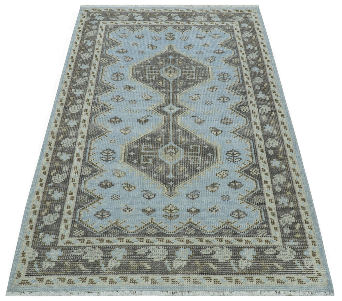 Custom Made Traditional Turkish design Blue And Brown Hand Knotted Wool Area Rug.