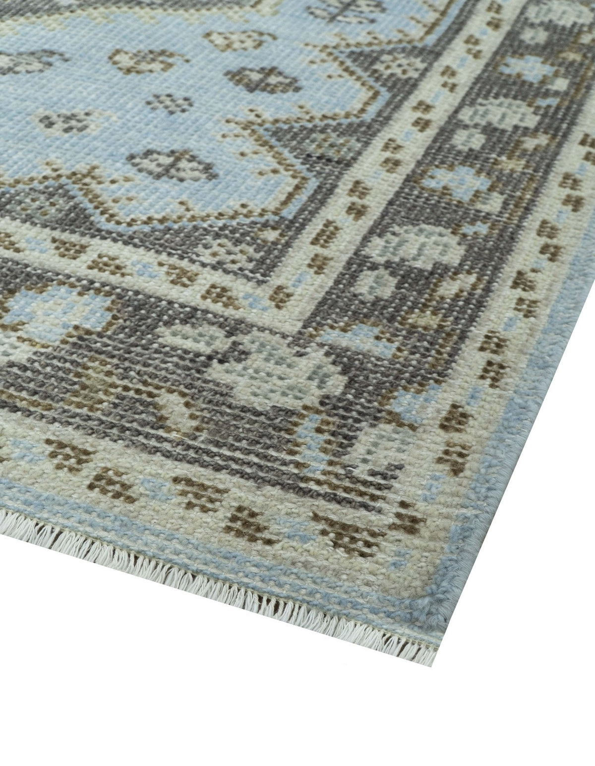 Custom Made Traditional Turkish design Blue And Brown Hand Knotted Wool Area Rug.