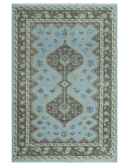 Custom Made Traditional Turkish design Blue And Brown Hand Knotted Wool Area Rug.