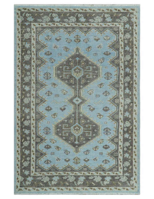 Custom Made Traditional Turkish design Blue And Brown Hand Knotted Wool Area Rug.