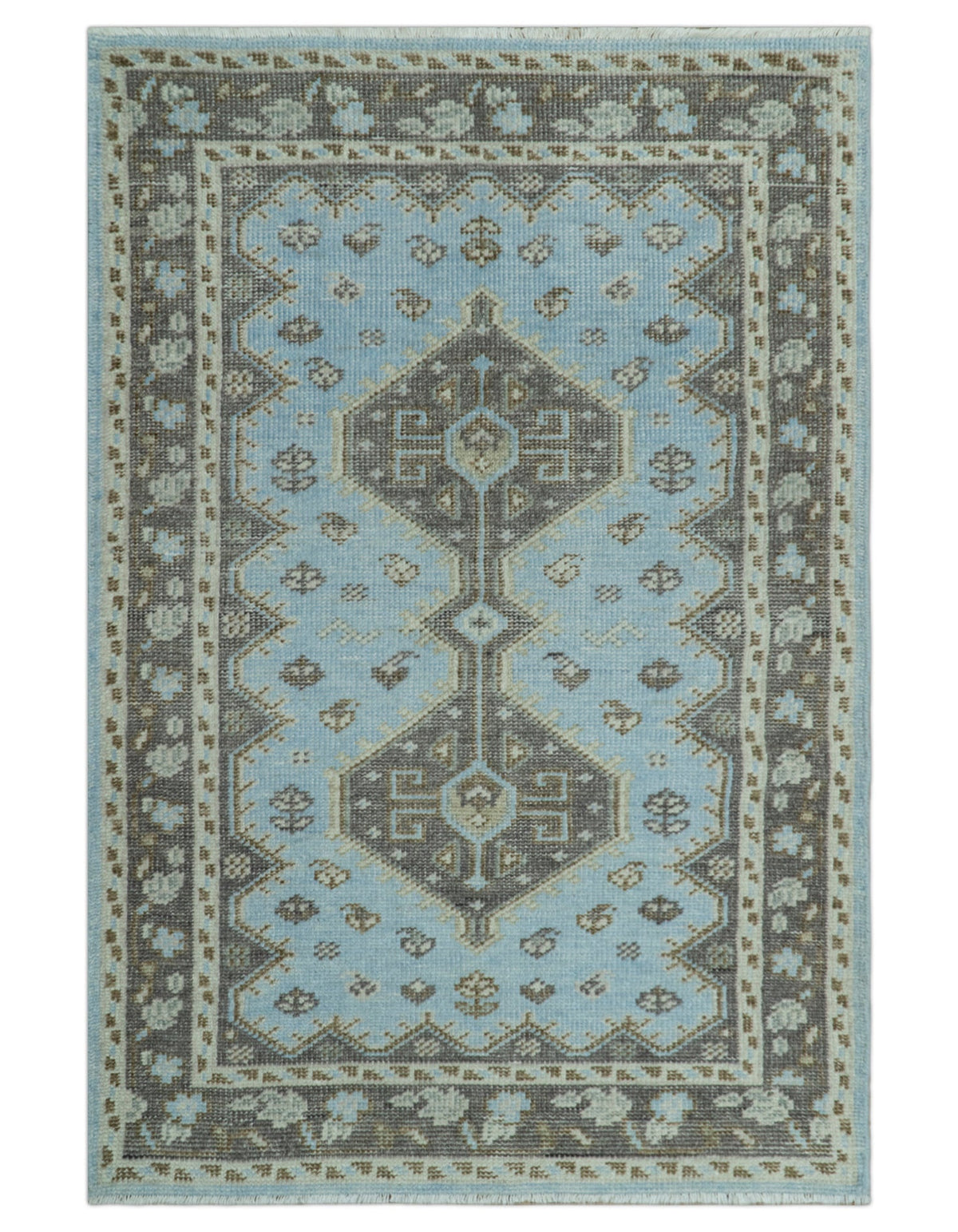Custom Made Traditional Turkish design Blue And Brown Hand Knotted Wool Area Rug.