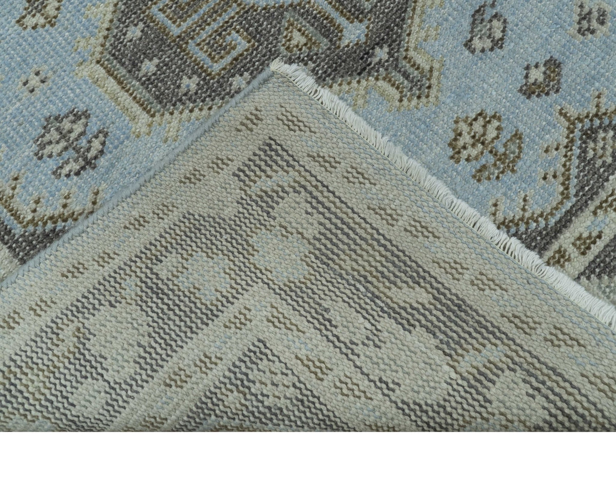 Custom Made Traditional Turkish design Blue And Brown Hand Knotted Wool Area Rug.