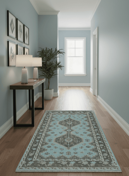 Custom Made Traditional Turkish design Blue And Brown Hand Knotted Wool Area Rug.