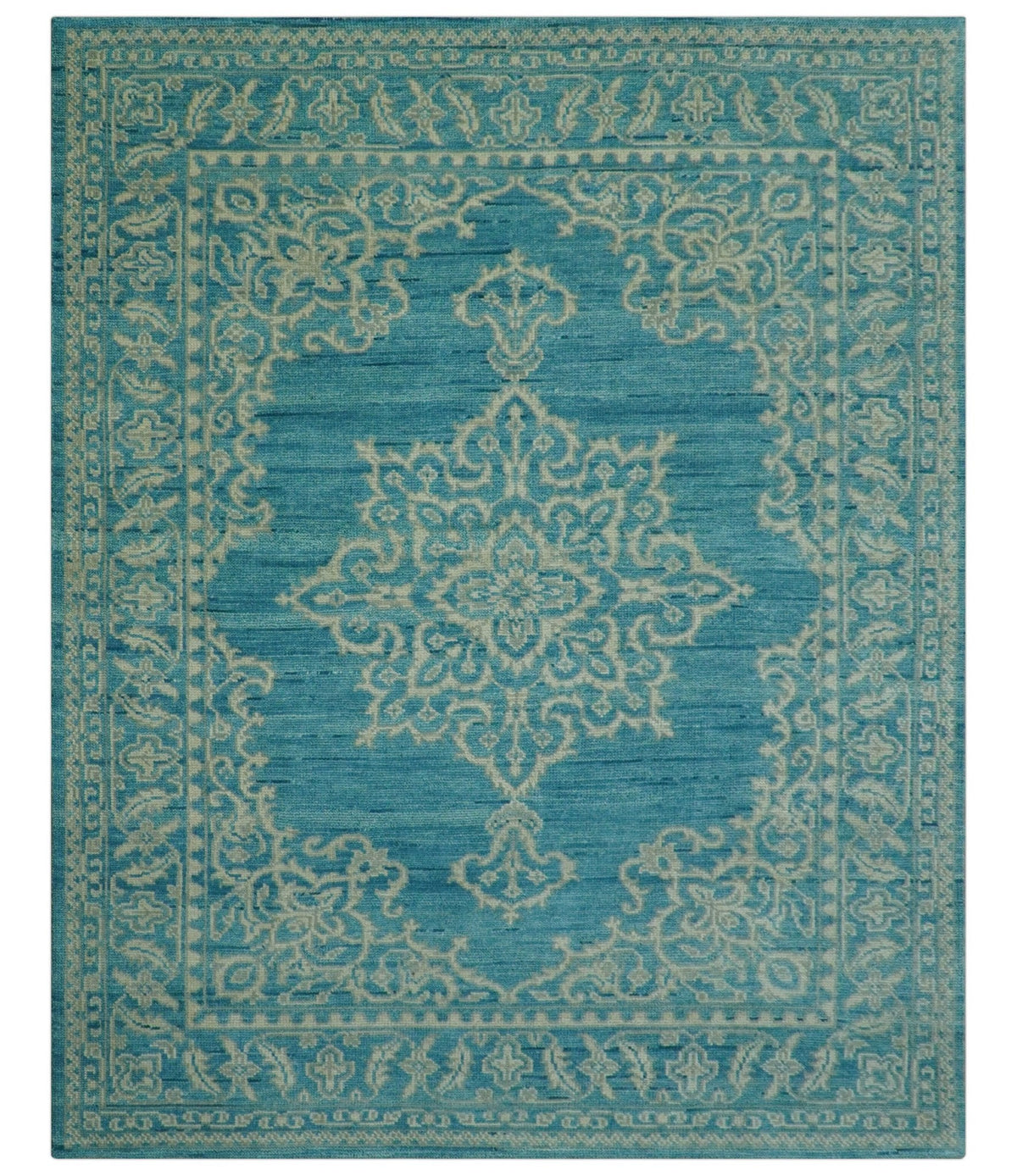 Custom Made Traditional Turkish Design Blue Hand Knotted Wool Area Rug.