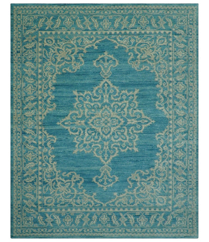 Custom Made Traditional Turkish Design Blue Hand Knotted Wool Area Rug.