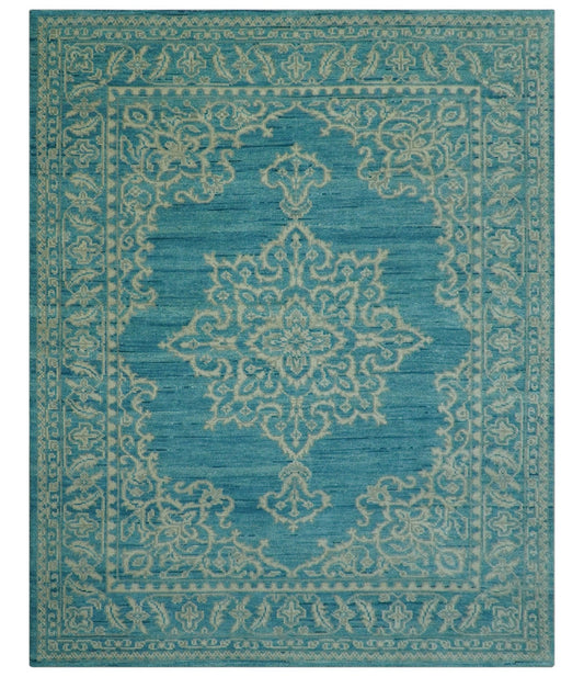 Custom Made Traditional Turkish Design Blue Hand Knotted Wool Area Rug.