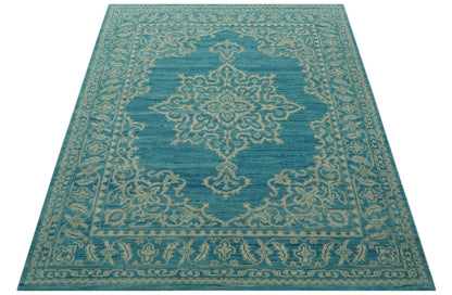 Custom Made Traditional Turkish Design Blue Hand Knotted Wool Area Rug.