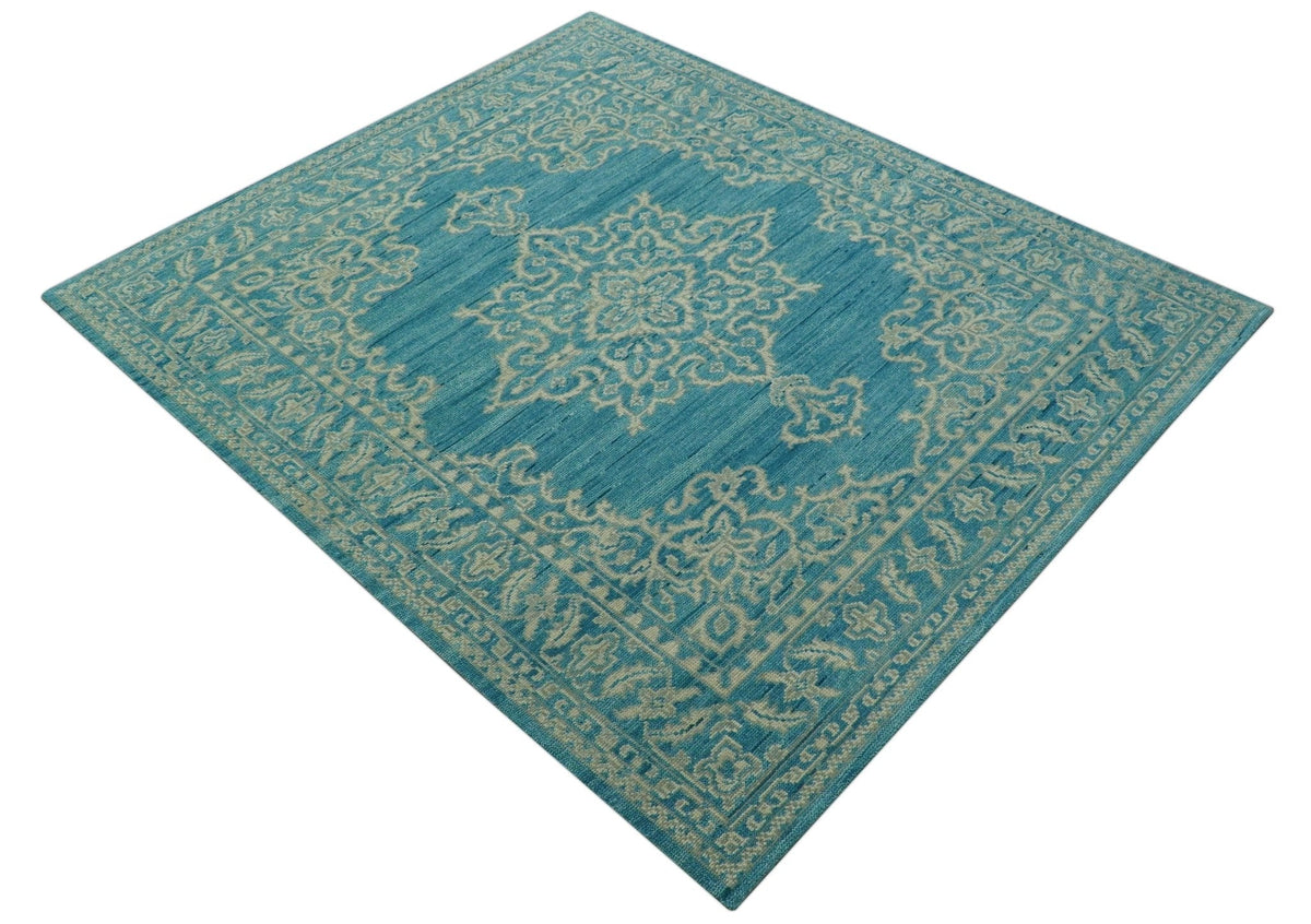 Custom Made Traditional Turkish Design Blue Hand Knotted Wool Area Rug.
