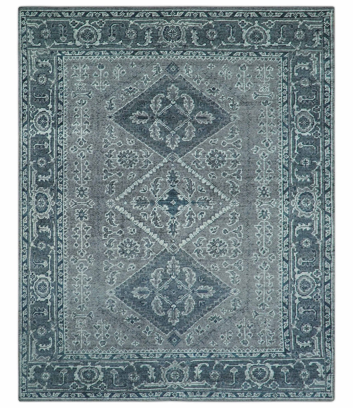 Custom Made Traditional Turkish Design Gray Hand Knotted Wool Area Rug.