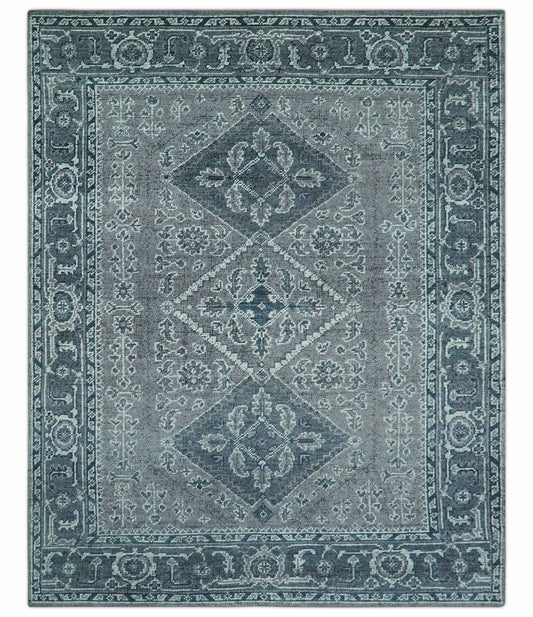 Custom Made Traditional Turkish Design Gray Hand Knotted Wool Area Rug.