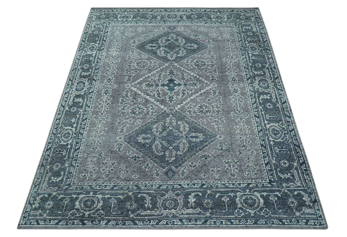 Custom Made Traditional Turkish Design Gray Hand Knotted Wool Area Rug.