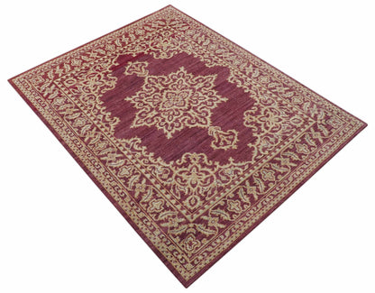 Custom Made Traditional Turkish Maroon And Beige Hand Knotted Wool Rug.