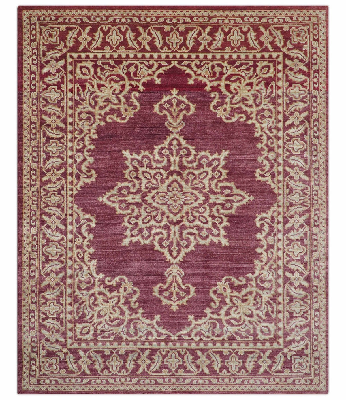 Custom Made Traditional Turkish Maroon And Beige Hand Knotted Wool Rug.