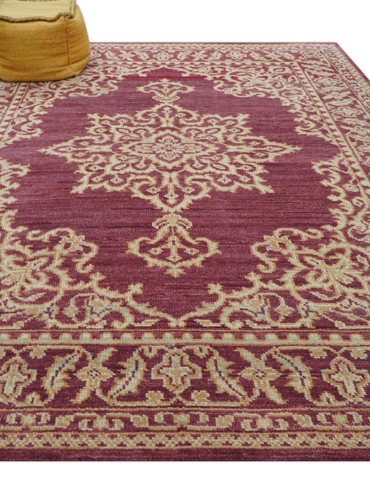 Custom Made Traditional Turkish Maroon And Beige Hand Knotted Wool Rug.
