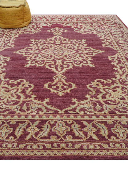Custom Made Traditional Turkish Maroon And Beige Hand Knotted Wool Rug.
