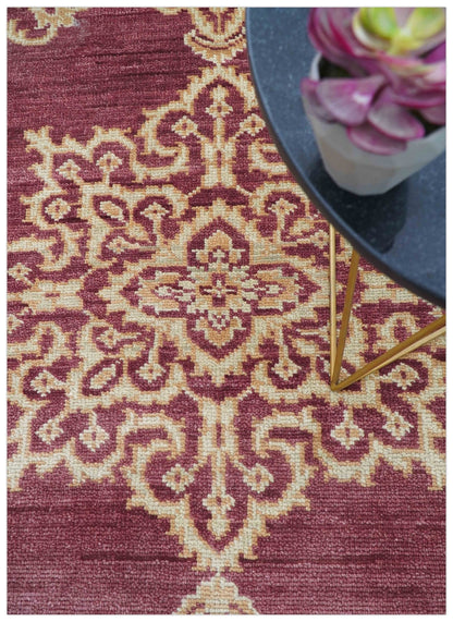 Custom Made Traditional Turkish Maroon And Beige Hand Knotted Wool Rug.