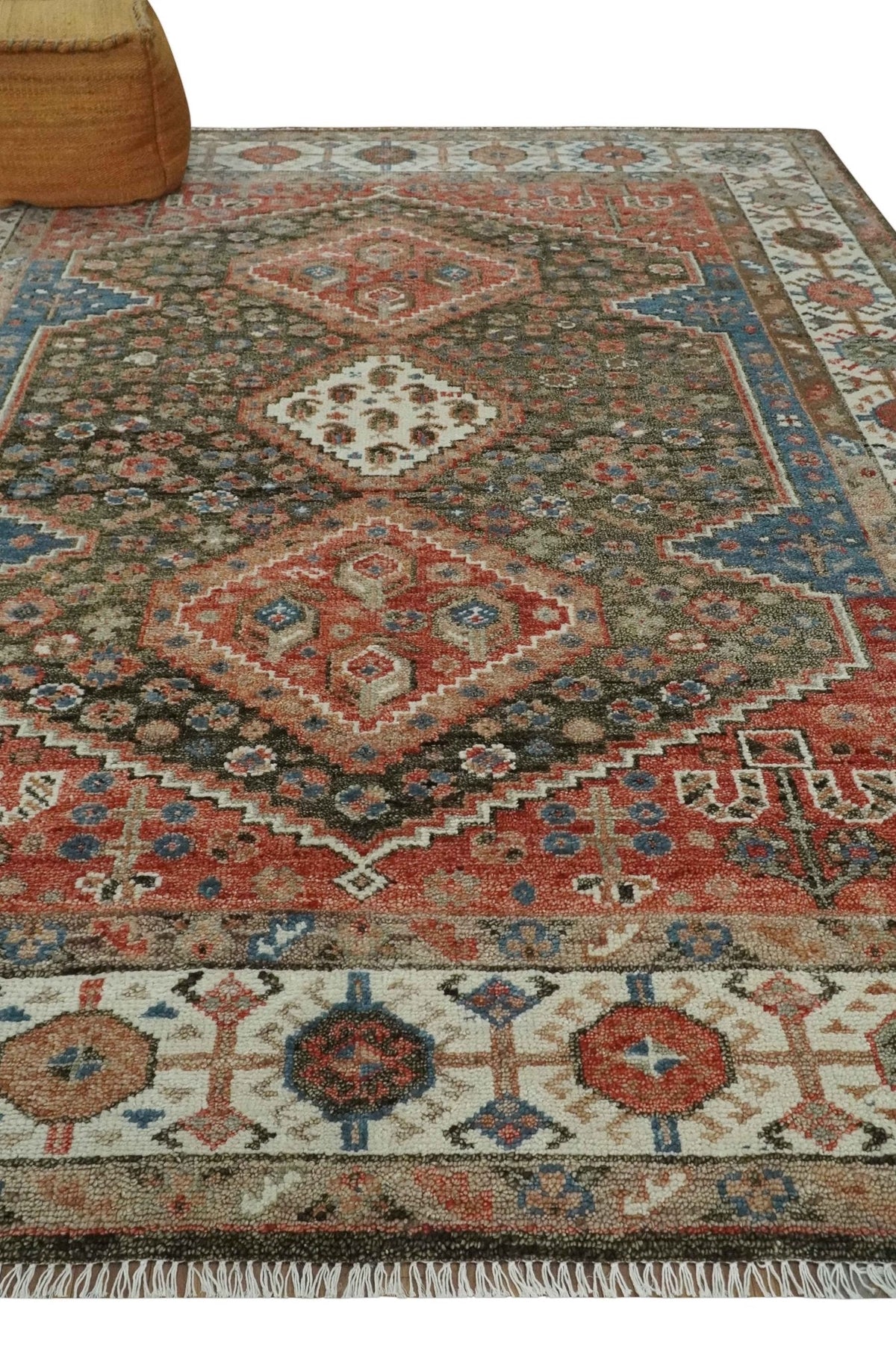 Custom made Traditional Vintage Style Green, Rust and Ivory Turkish design wool Area Rug.