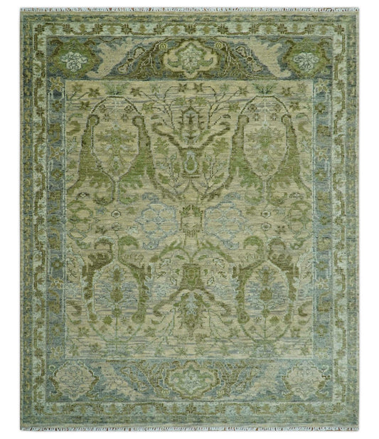 Custom Made Transitional Beige, Green and Blue Hand Knotted wool area rug.