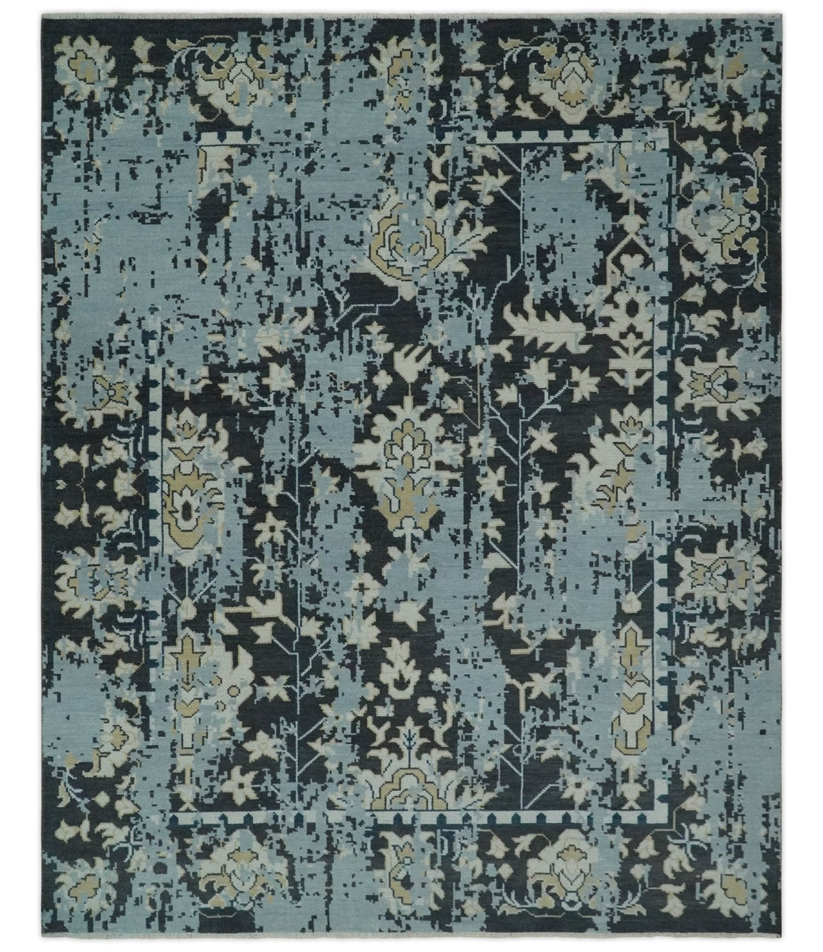 Custom Made Transitional Light Blue, Ivory, Beige and Charcoal Hand knotted wool Rug.