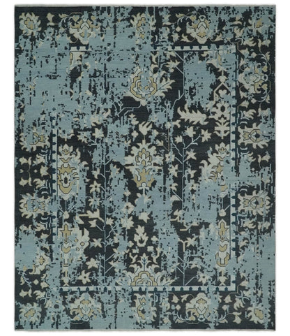 Custom Made Transitional Light Blue, Ivory, Beige and Charcoal Hand knotted wool Rug.