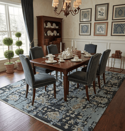 Custom Made Transitional Light Blue, Ivory, Beige and Charcoal Hand knotted wool Rug.