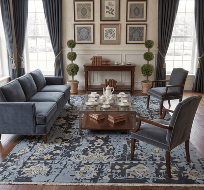 Custom Made Transitional Light Blue, Ivory, Beige and Charcoal Hand knotted wool Rug.