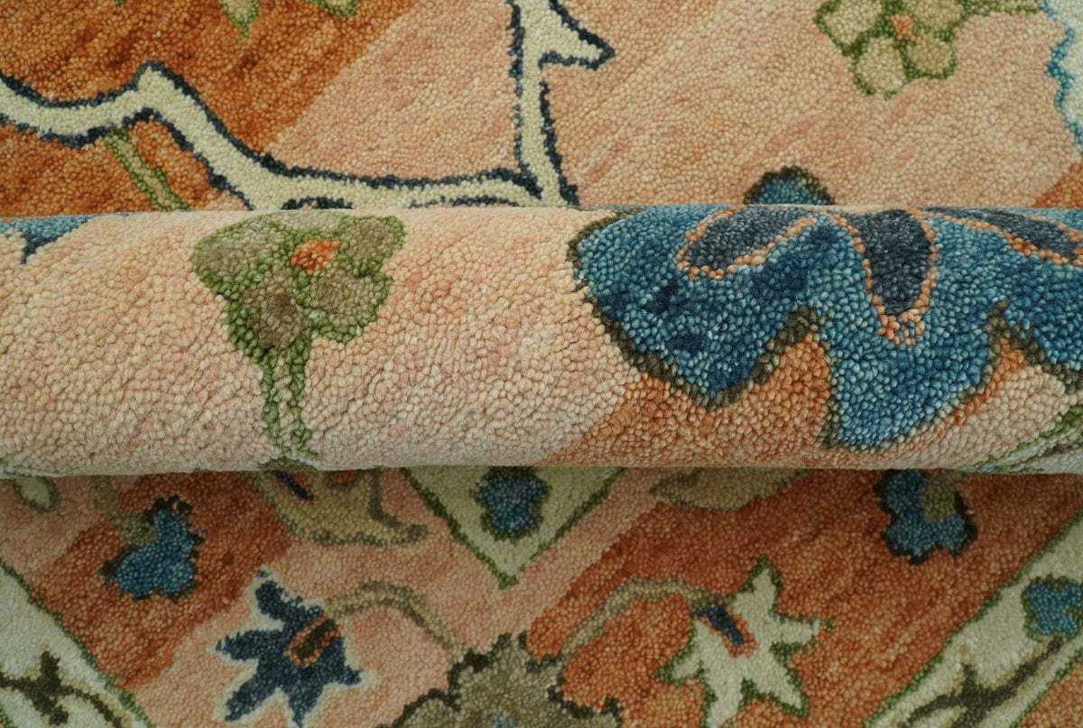 Custom Made Transitional Peach and Blue Hand Tufted Wool Area Rug.