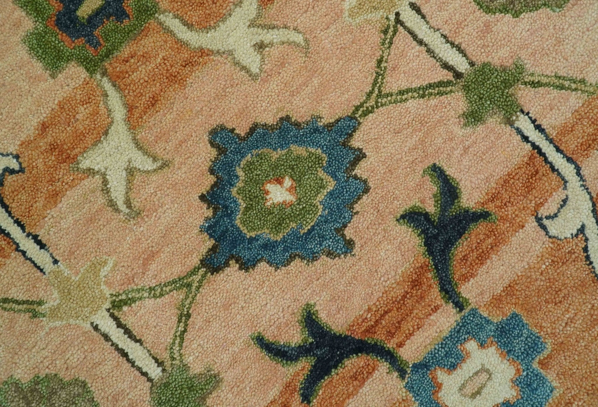 Custom Made Transitional Peach and Blue Hand Tufted Wool Area Rug.