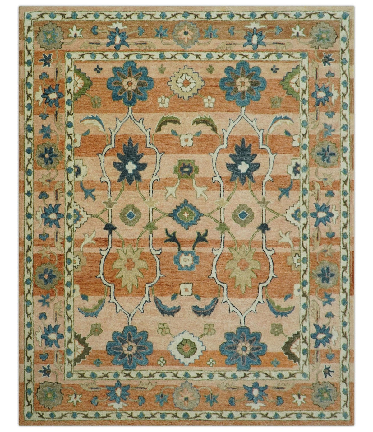Custom Made Transitional Peach and Blue Hand Tufted Wool Area Rug.