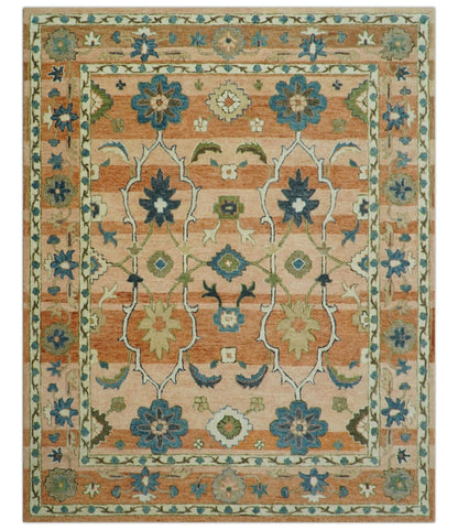 Custom Made Transitional Peach and Blue Hand Tufted Wool Area Rug.