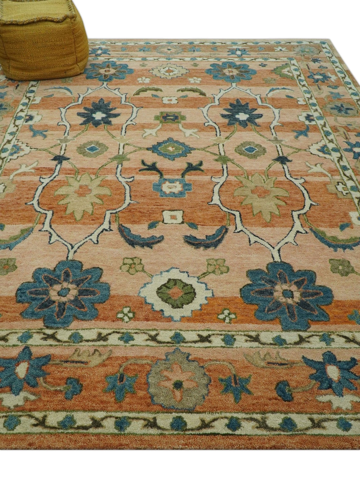Custom Made Transitional Peach and Blue Hand Tufted Wool Area Rug.