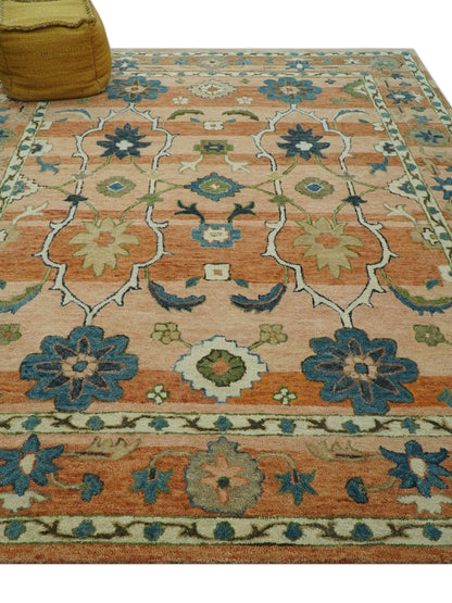 Custom Made Transitional Peach and Blue Hand Tufted Wool Area Rug.