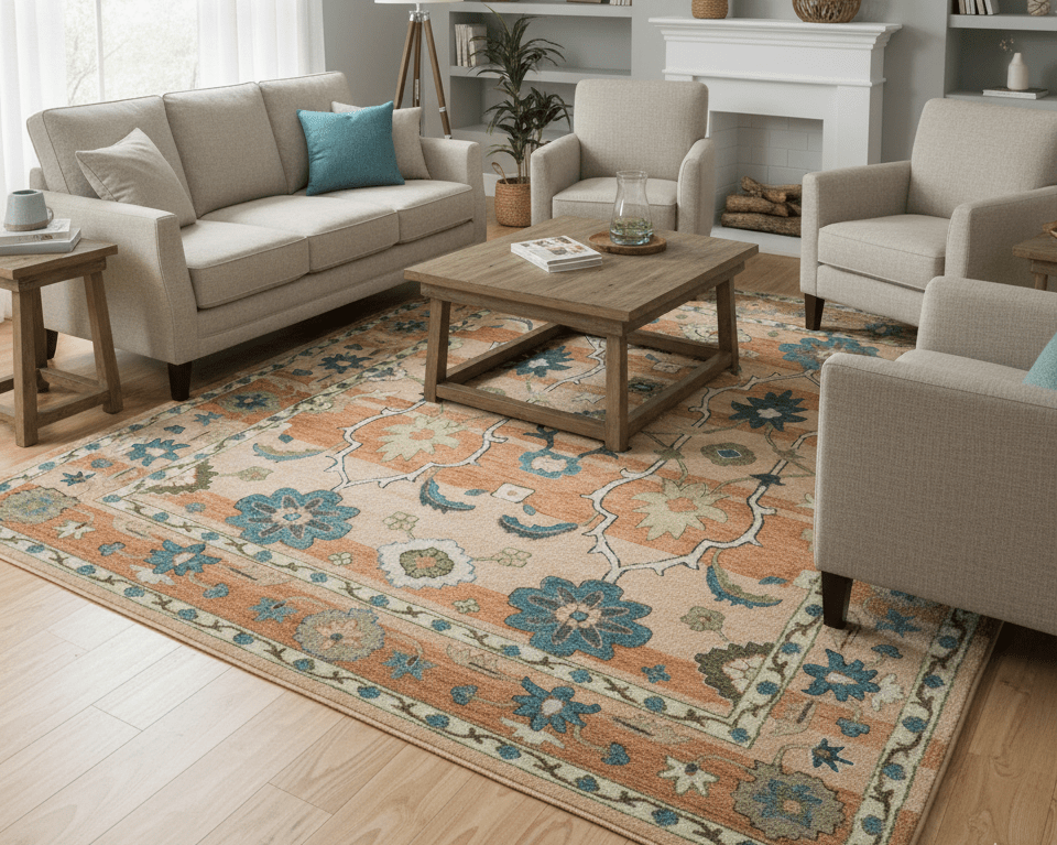 Custom Made Transitional Peach and Blue Hand Tufted Wool Area Rug.