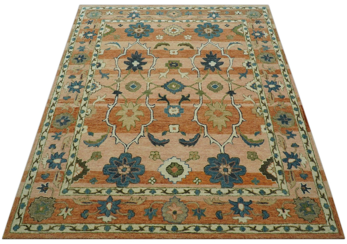 Custom Made Transitional Peach and Blue Hand Tufted Wool Area Rug.