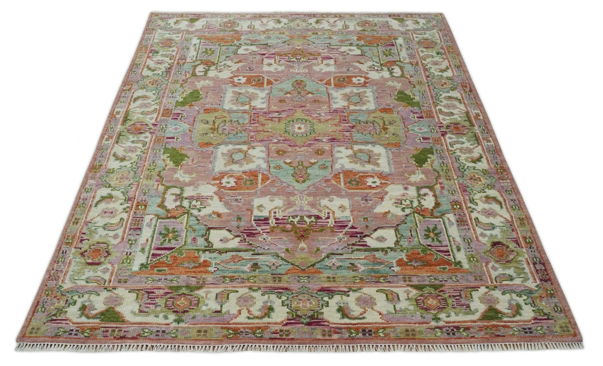 Custom Made Transitional Pink, Green and Ivory Turkish Design wool Area Rug.