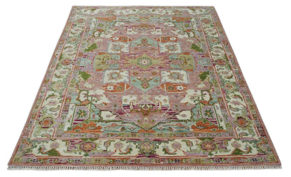 Custom Made Transitional Pink, Green and Ivory Turkish Design wool Area Rug.