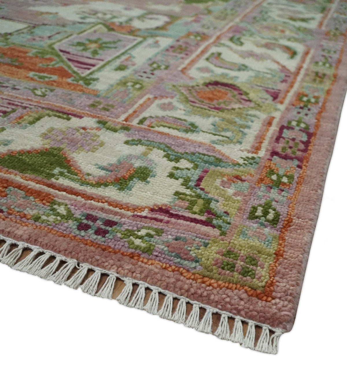 Custom Made Transitional Pink, Green and Ivory Turkish Design wool Area Rug.