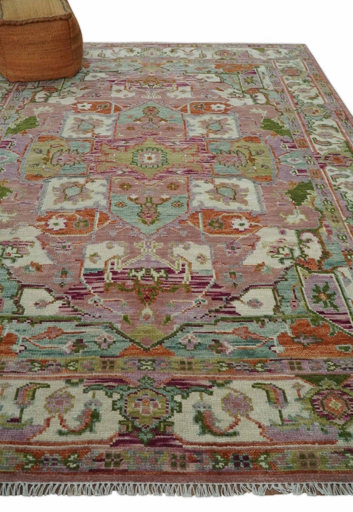 Custom Made Transitional Pink, Green and Ivory Turkish Design wool Area Rug.