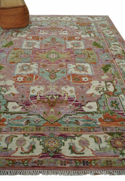 Custom Made Transitional Pink, Green and Ivory Turkish Design wool Area Rug.