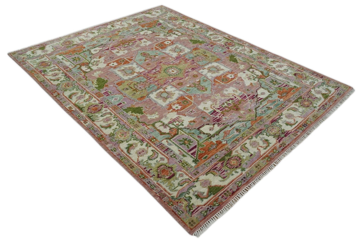 Custom Made Transitional Pink, Green and Ivory Turkish Design wool Area Rug.