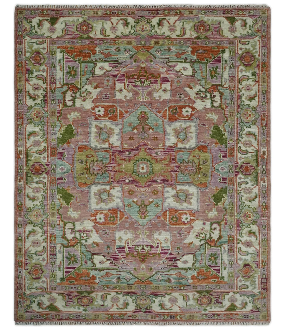 Custom Made Transitional Pink, Green and Ivory Turkish Design wool Area Rug.