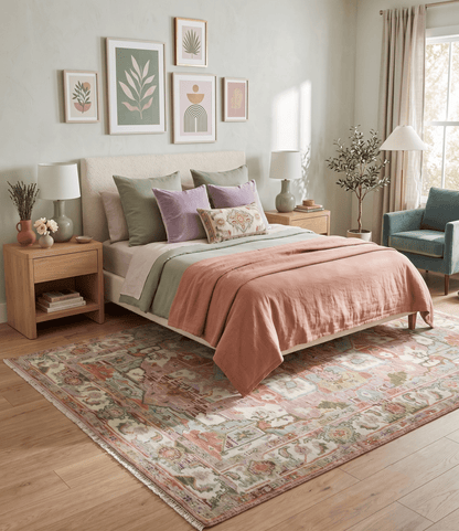 Custom Made Transitional Pink, Green and Ivory Turkish Design wool Area Rug.
